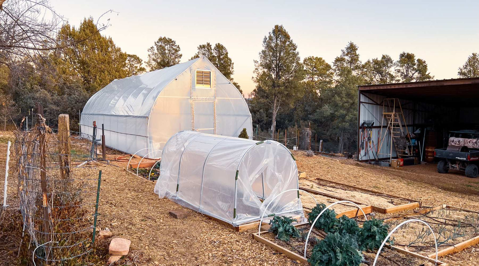 Early Spring image of Gothic High tunnel and low tunnels protecting cool crops on a homstead