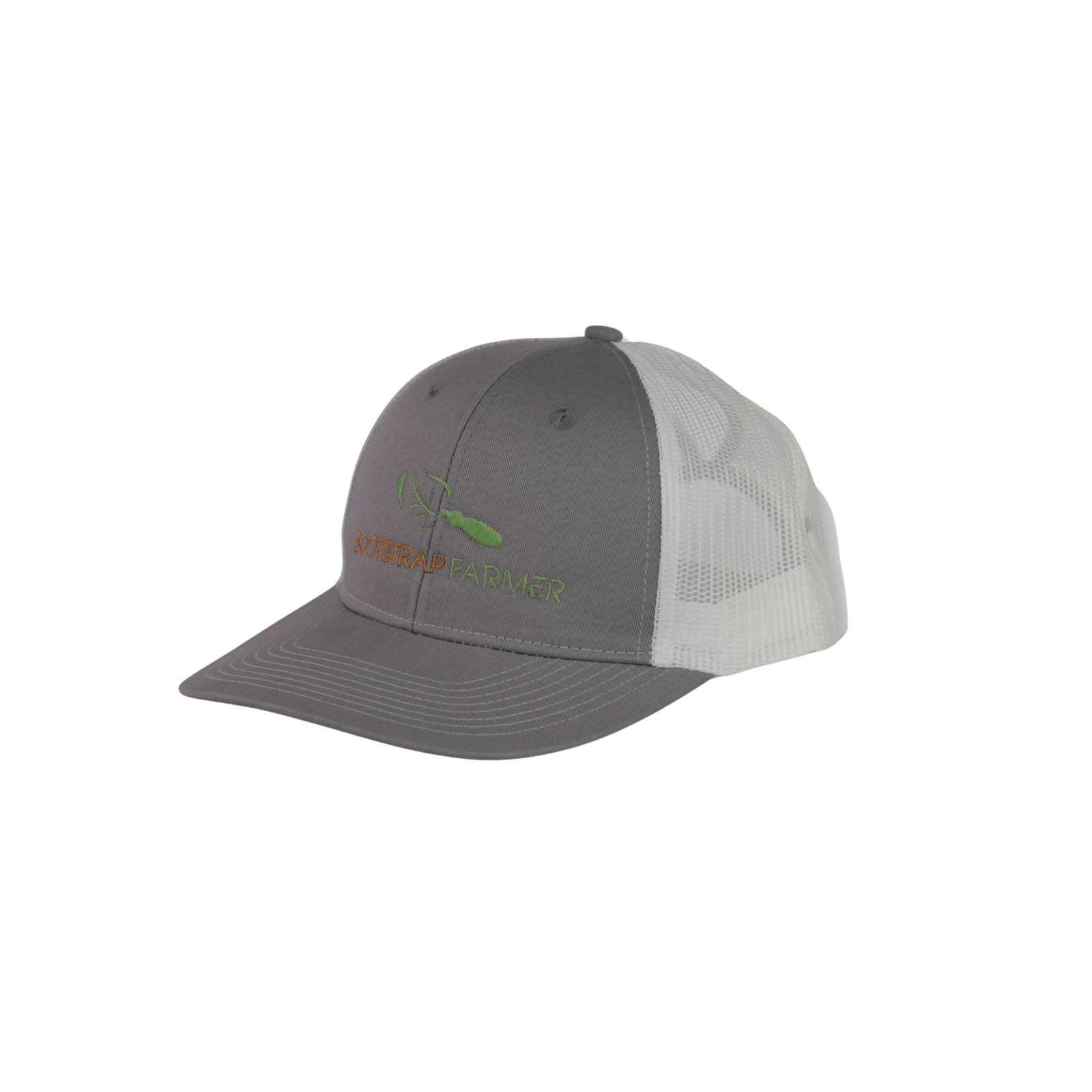 gray and white logo hat