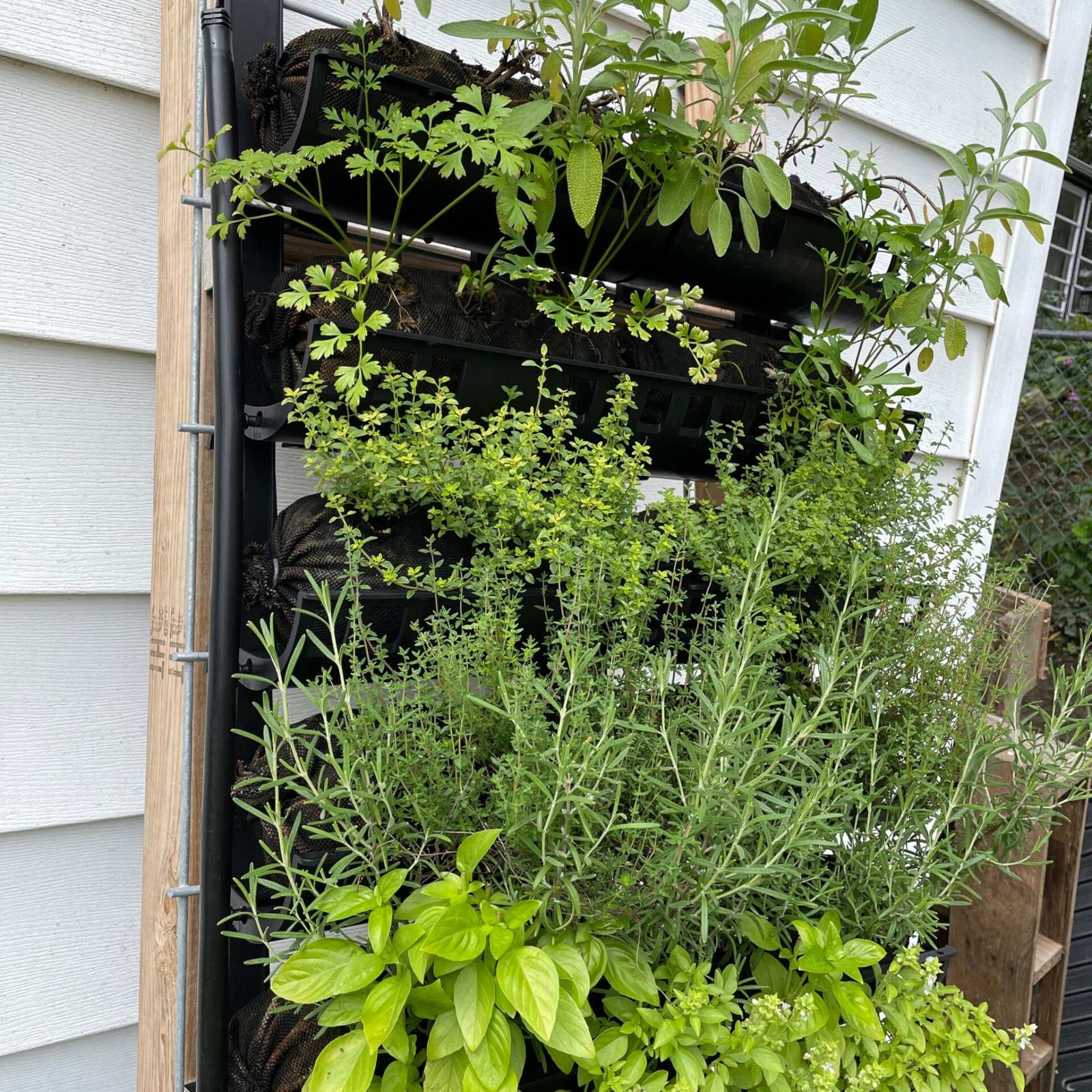 diy garden stand kit installed with plants on side of house