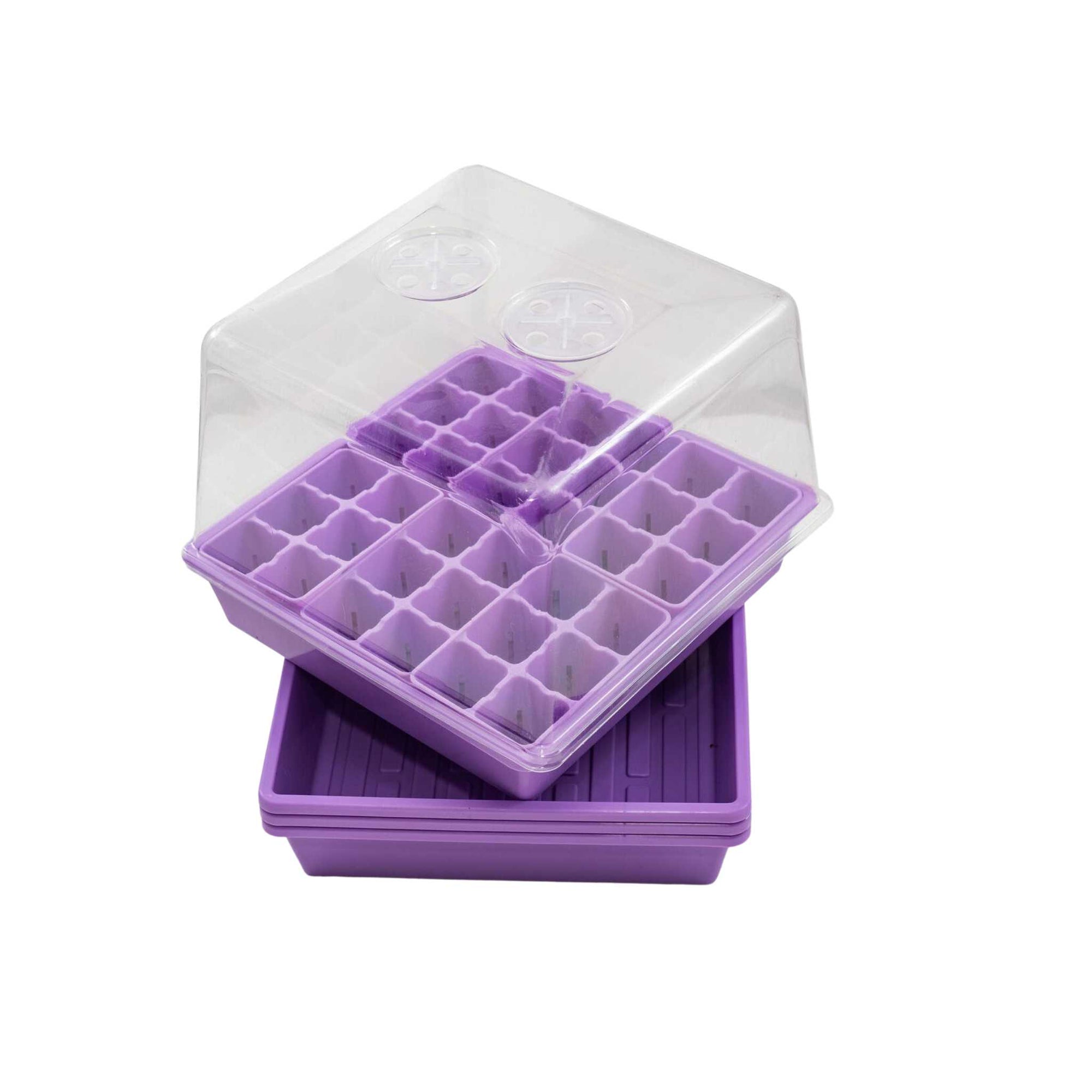 Purple 1010 Tray with No Holes with 6 six cell plug inserts and a clear dome stacked on top of 3 1010 deep trays with no holes in purple.