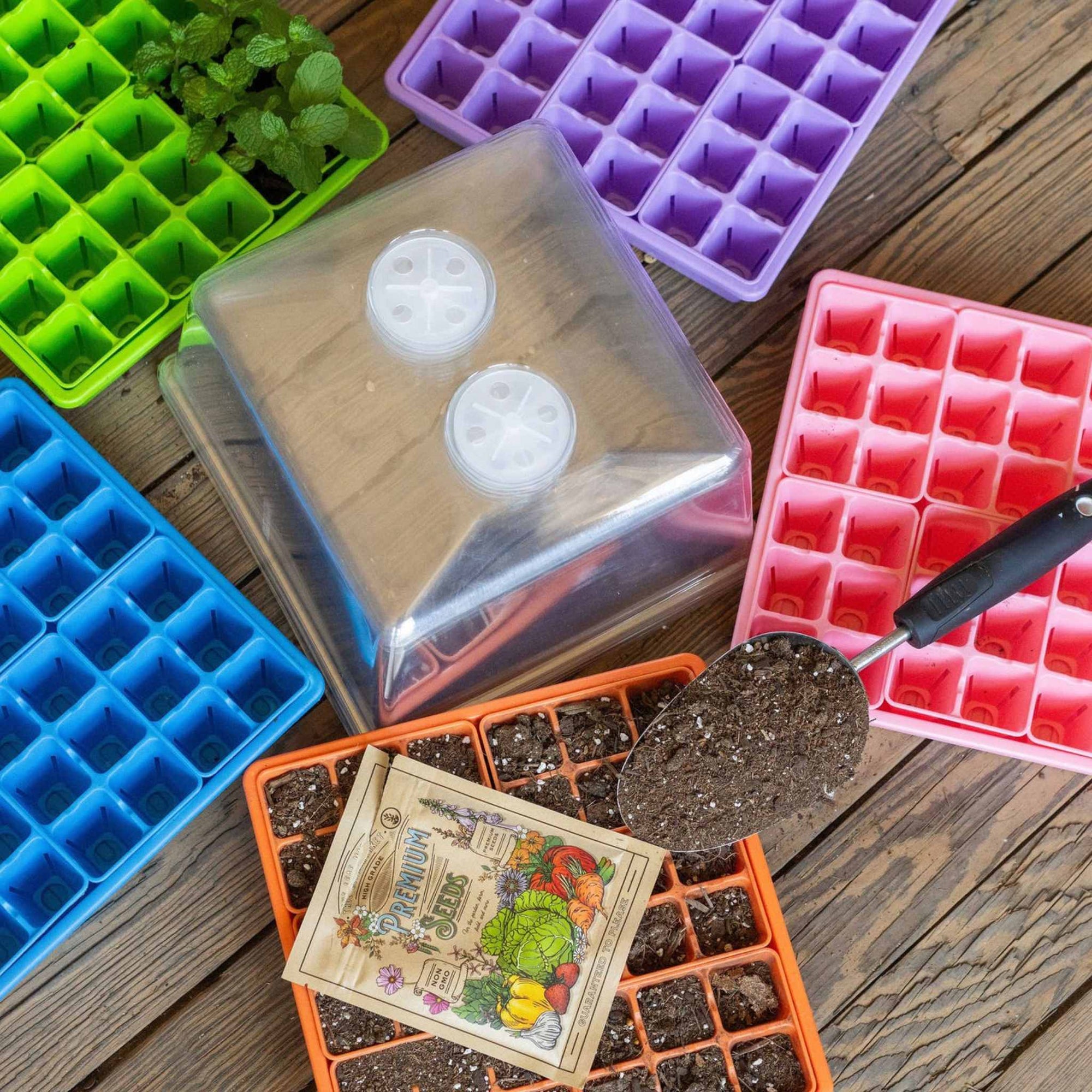 1010 Seed Starting Kits in Purple, Blue, Green, Pink, and Orange