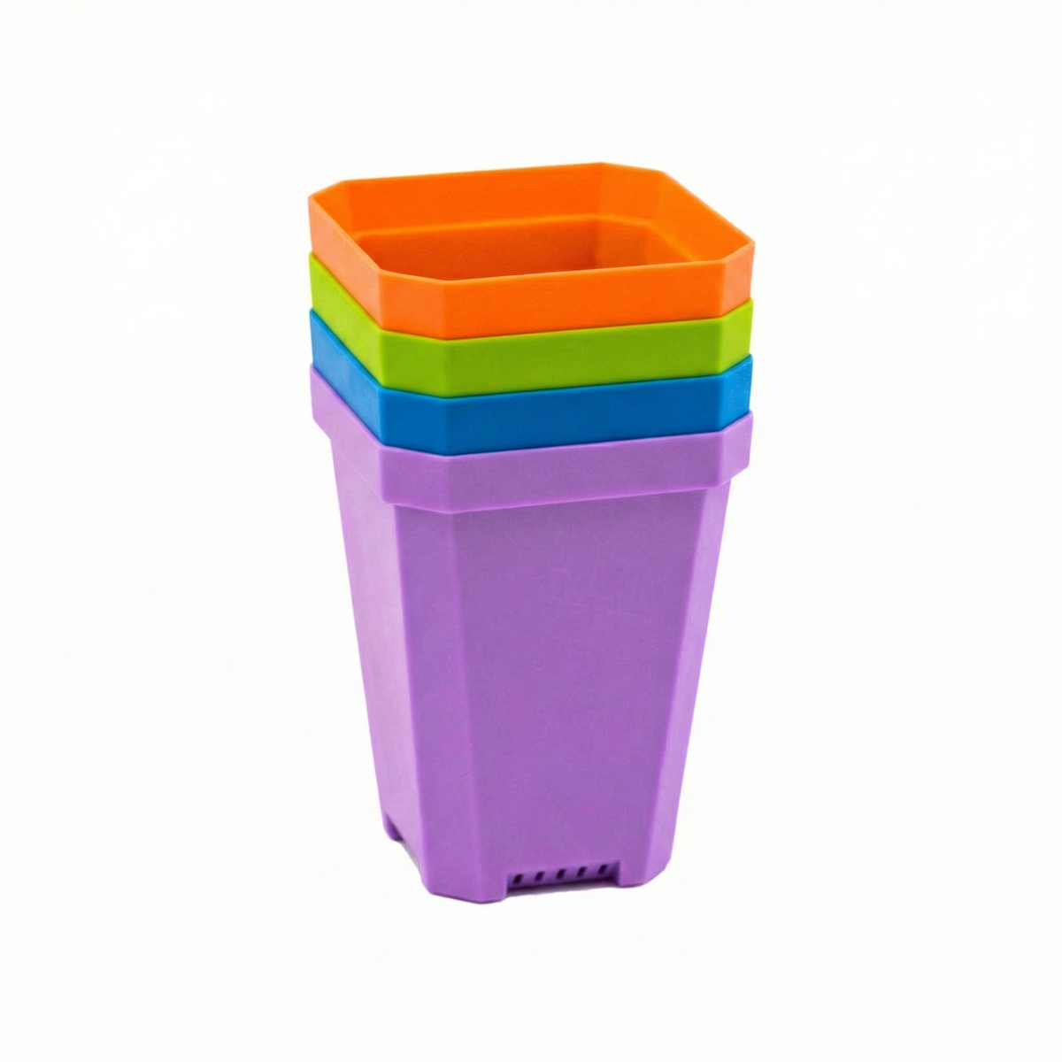 Stack of 3.3-inch square seed pots nested in orange, green, blue and purple color options