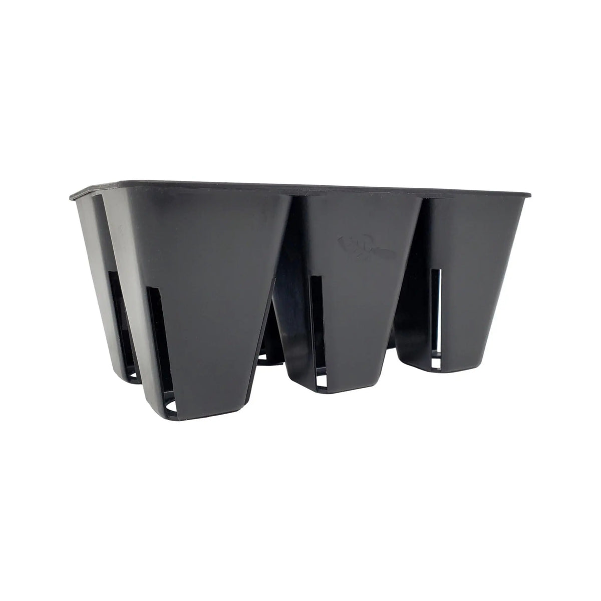 Black 6-cell plug tray insert shown from the side with three tapered cells and vertical drainage slots