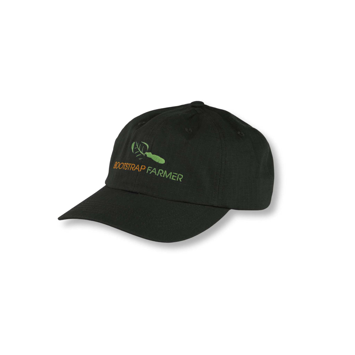 Charcoal grey Bootstrap Farmer dad cap with green embroidered trowel logo, angled front product view
