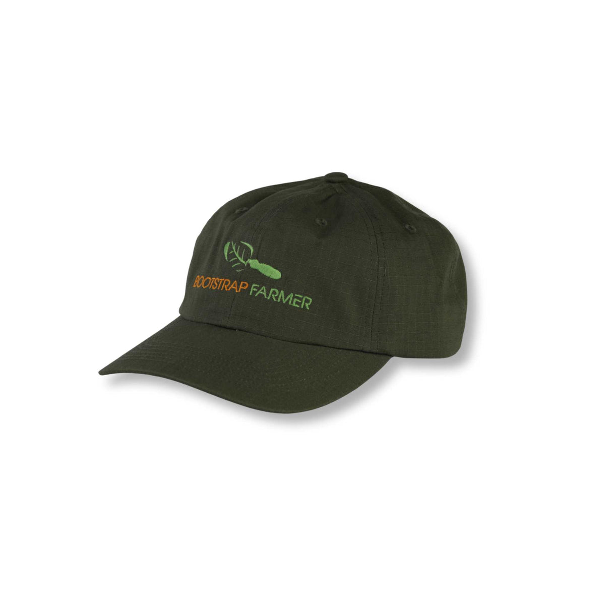 Olive green Bootstrap Farmer dad cap with green embroidered trowel logo, angled front product view
