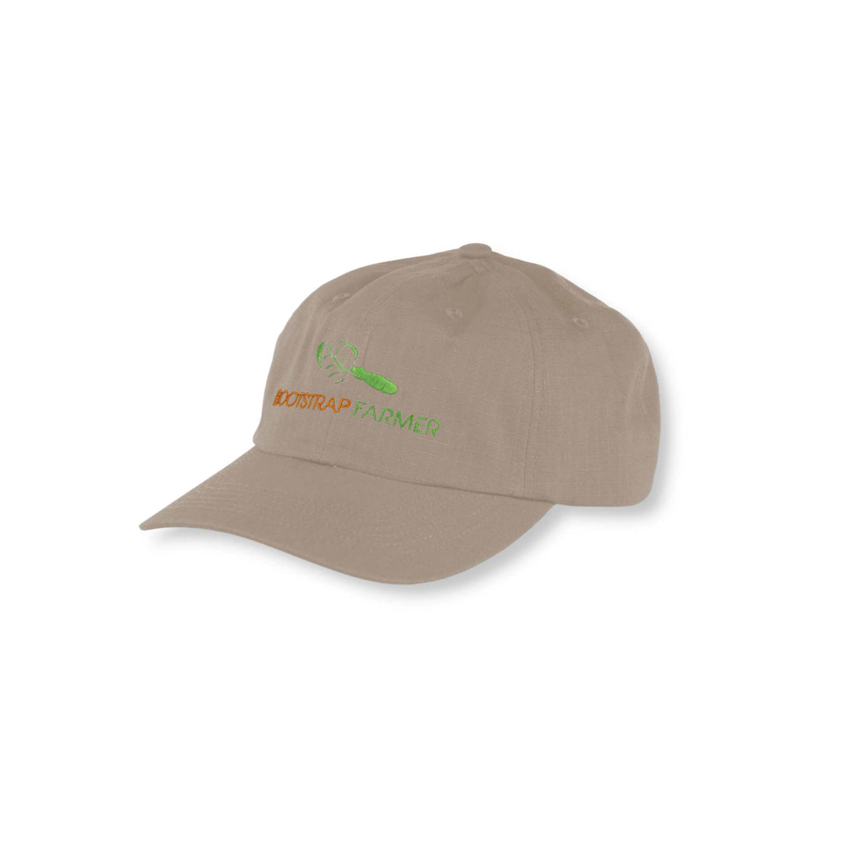 Stone tan Bootstrap Farmer dad cap with green embroidered trowel logo, angled front product view