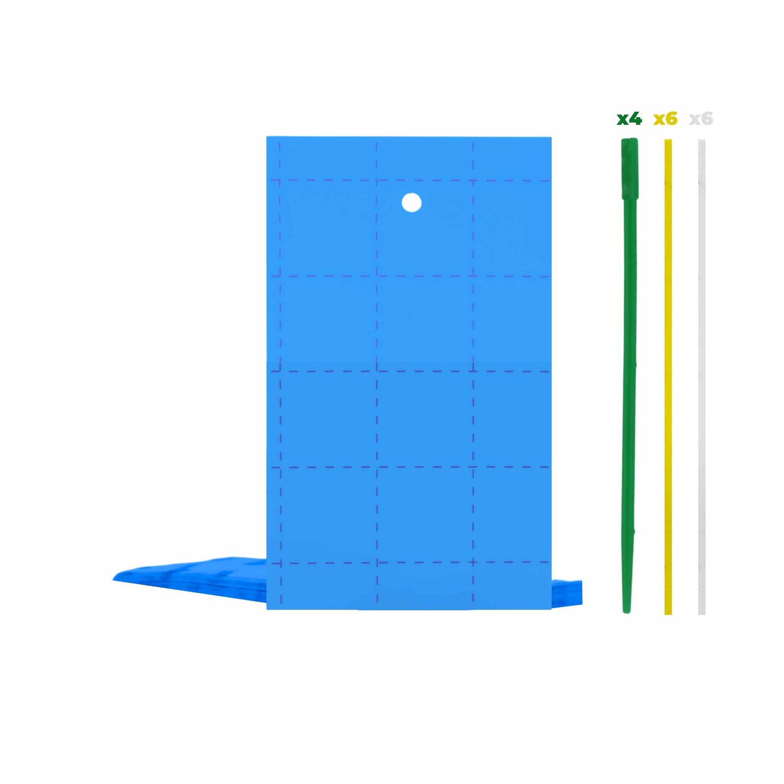 12 count blue stick traps with 4 sticks, and 12 hanging straps