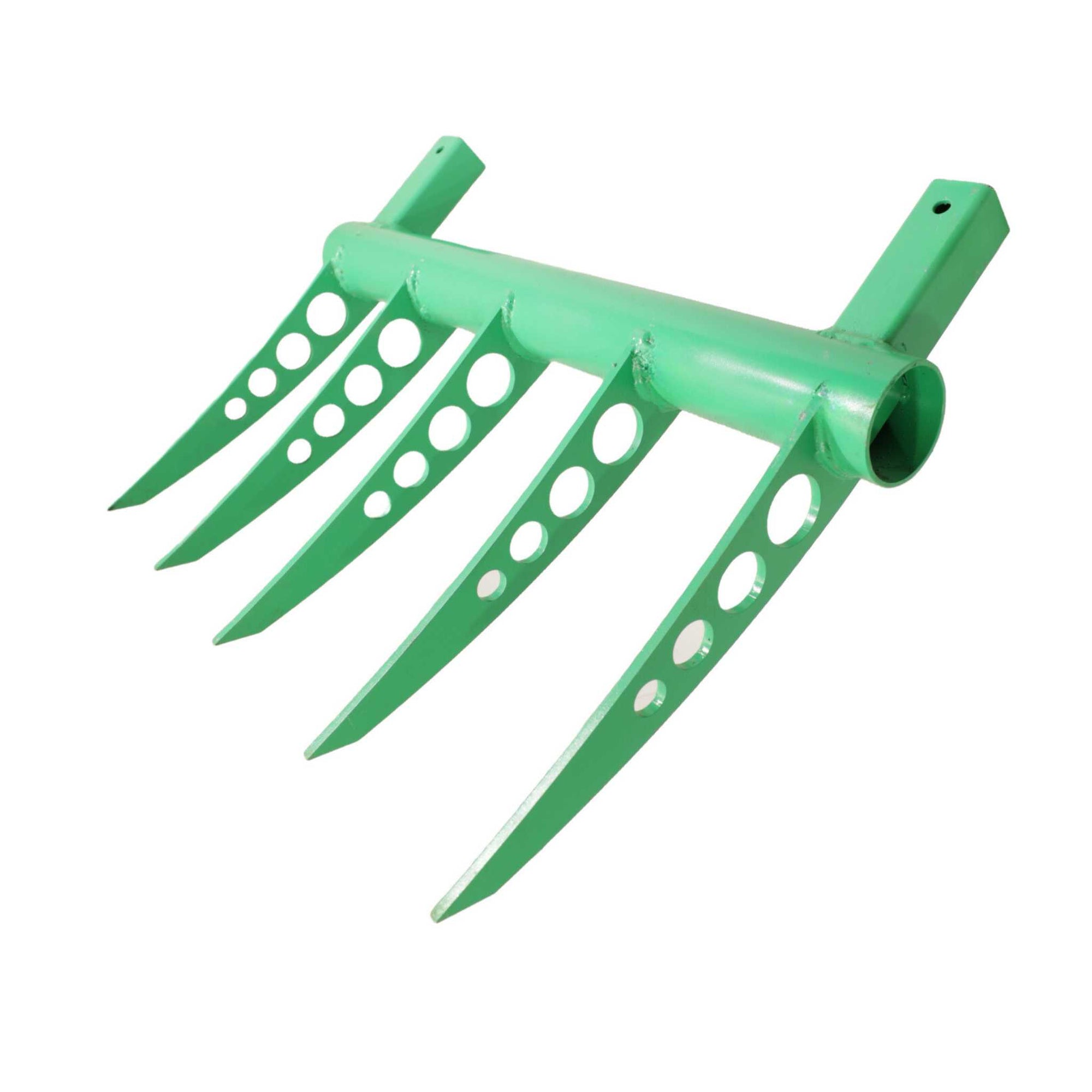 Up close view of all steel broadfork with green powder coat