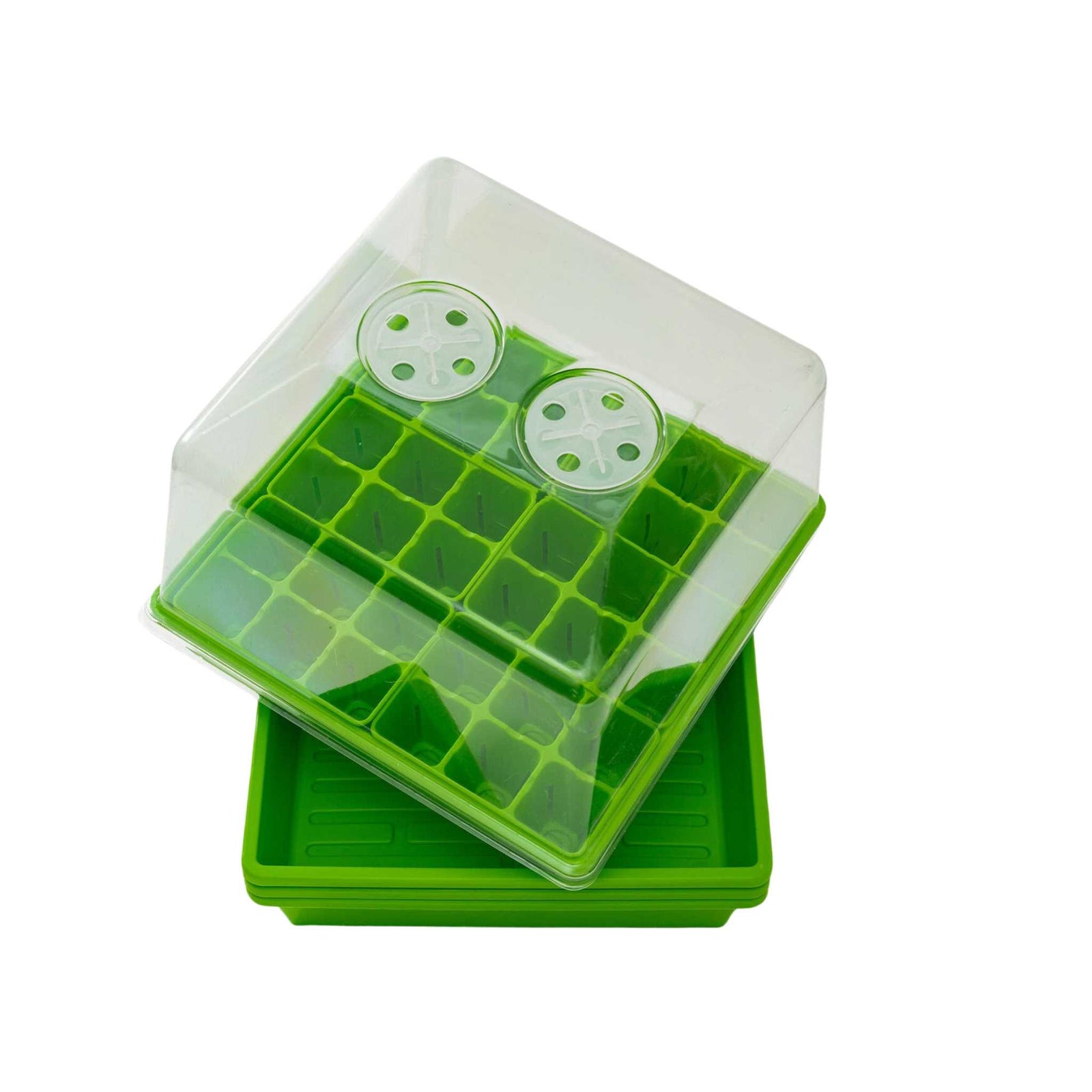Green 1010 Trays stacked with a 1010 tray filled with green 6 cell plug inserts and a dome stacked on top.