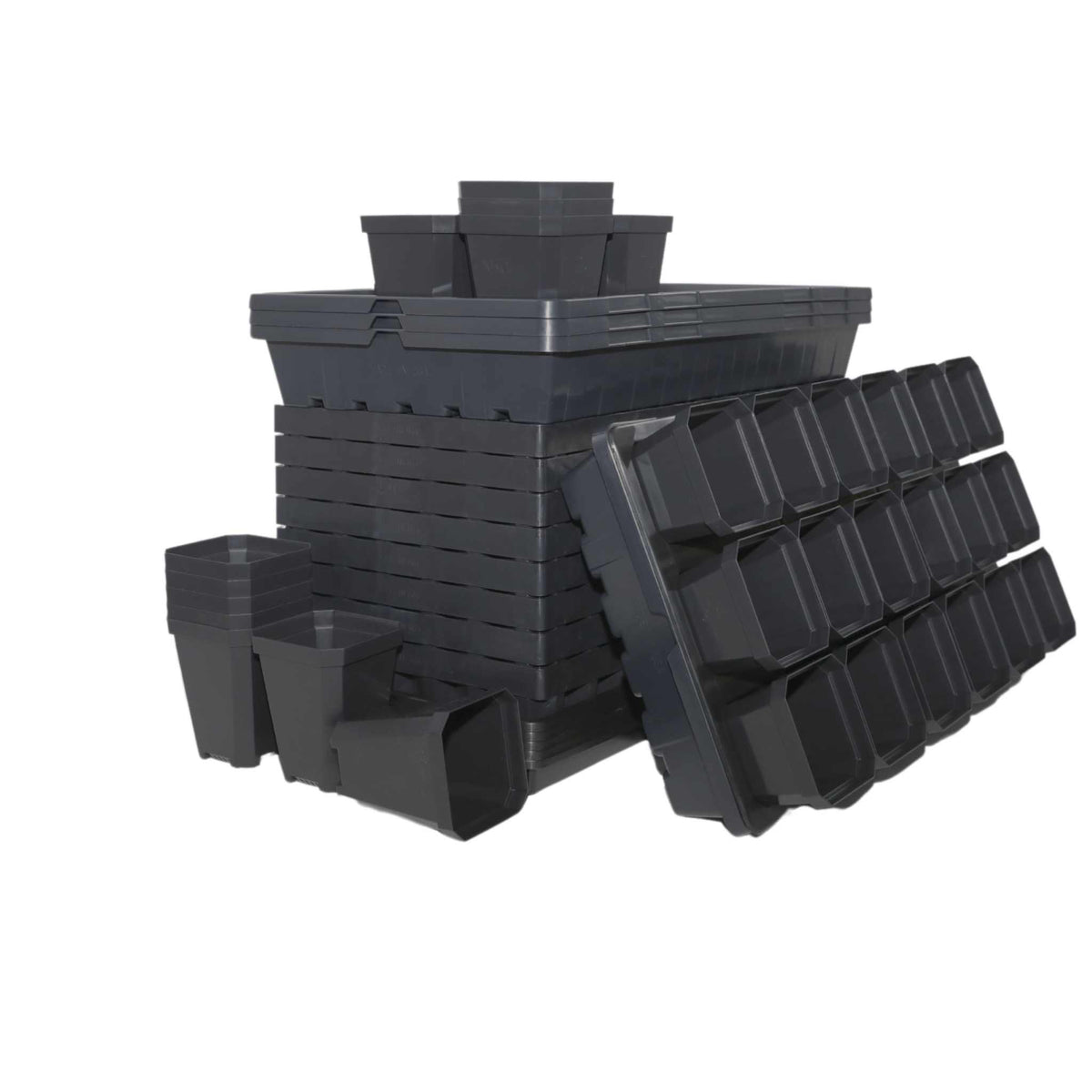 Stac of Shallpow 1020s, Air Prune 72 Cell Trays with Heavy duty 1020 deeps and 3.3&quot; pots