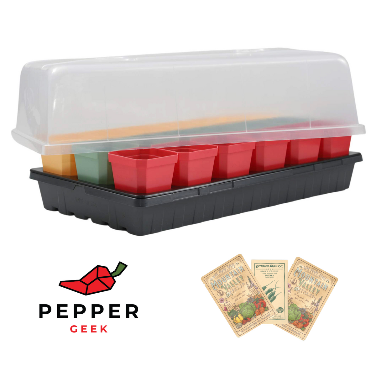 Pepper Geek branded Seed Starter Kit showing a dark grey 1020 trays with red, green, and yellow 3 inch pots under a humidity dome. Also shown are three packets of pepper seeds.  