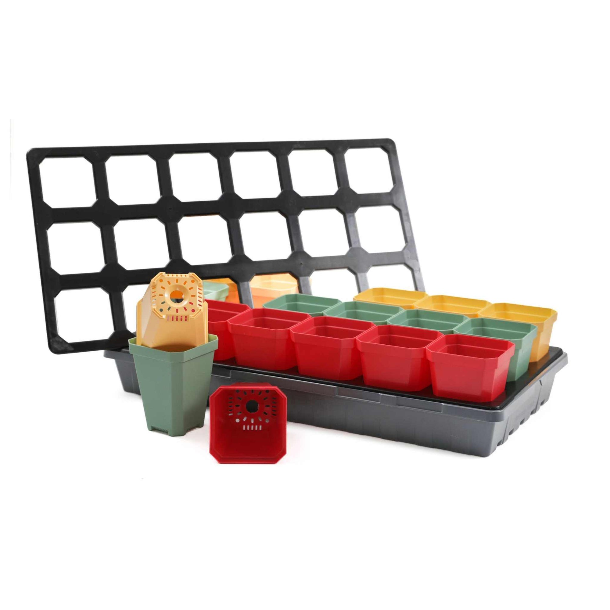 Pepper Geek Starter Kit with insert tray to hold 18 3 inch pots in red, green and yellow. 
