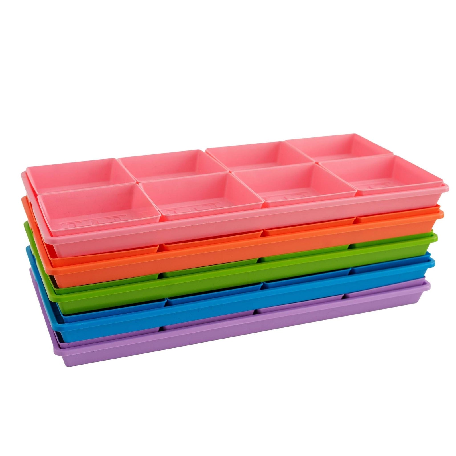 (8) 5x5 Microgreens Trays with holes in pink, orange, blue and purple nested in (5) 1020 trays with no holes in pink, orange, green, blue and purple