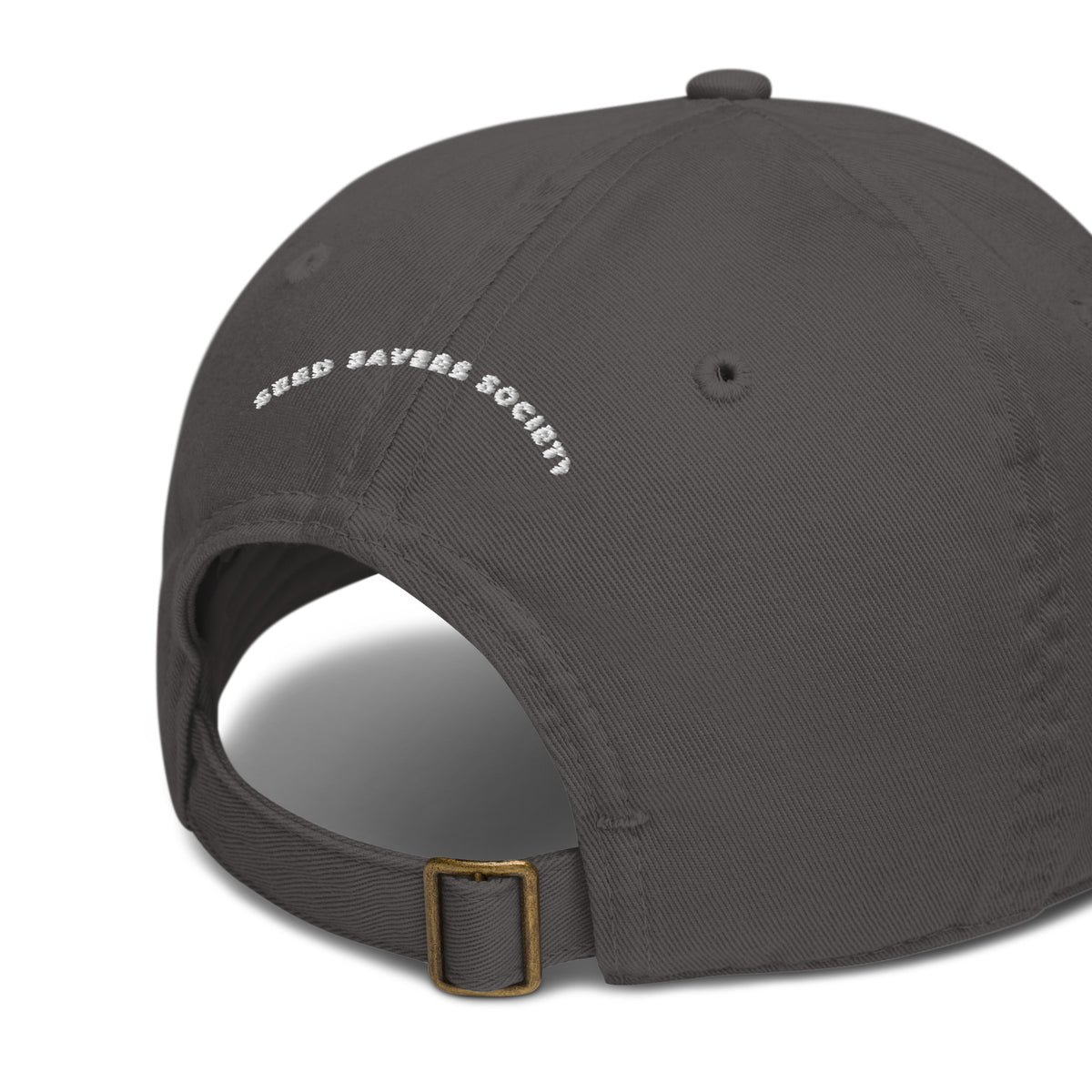 Charcoal-grey organic dad cap, back view, Seed Savers Society embroidery and adjustable buckle strap