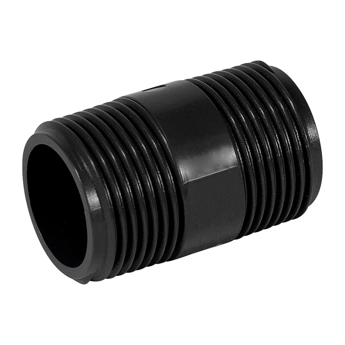 Black 1-inch threaded connector nipple for joining a Sumi Soaker line to a main water supply