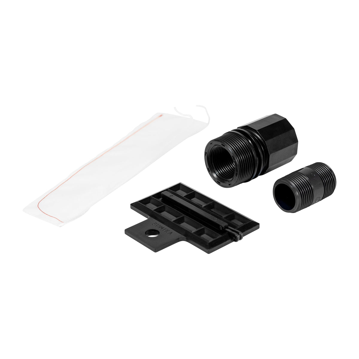 Sumi Soaker bed add-on kit parts laid out: fabric filter, tube connector, 1-inch coupling and end stopper