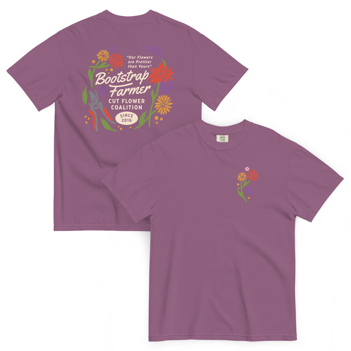 Berry purple Cut Flower Coalition heavyweight tee, flat-lay showing the chest flower sprig and large floral back print