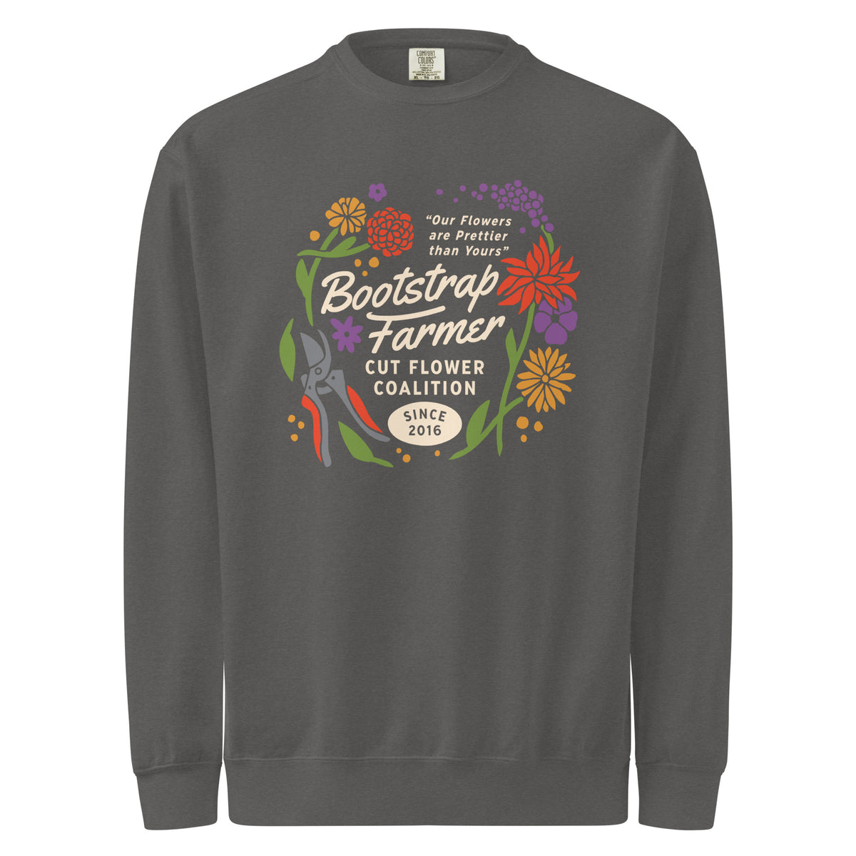Charcoal-grey unisex sweatshirt, front, Bootstrap Farmer Cut Flower Coalition floral wreath and garden shears