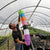 5" pots stacked with grower holding them in display
