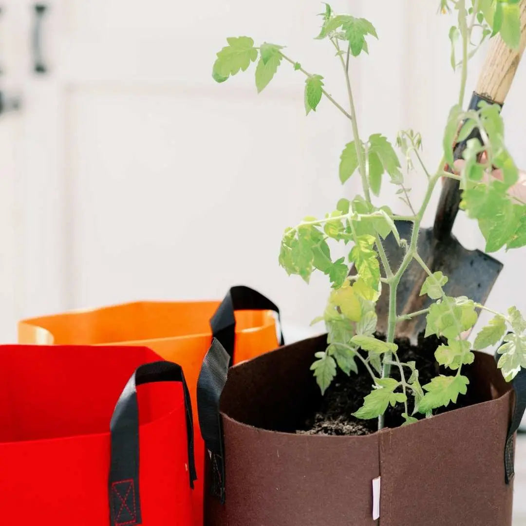 Red, Orange and Brown grow bags with shovel